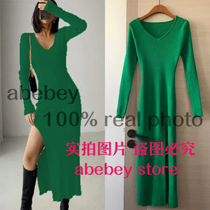 spring and winter sexy French slit sweater dress female slim tight-fitting hip-knit over-the-knee dresses