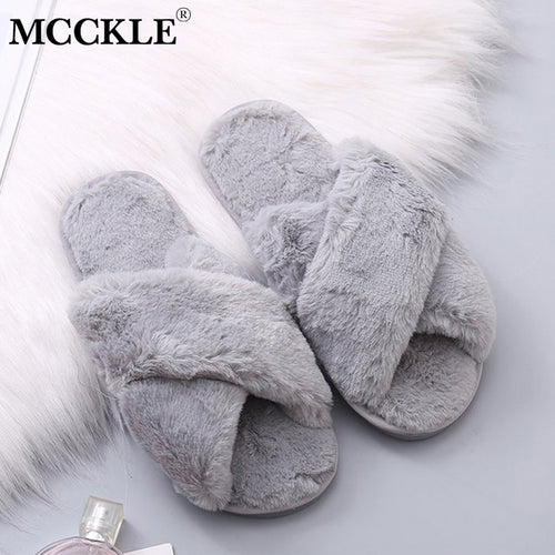 MCCKLE Winter Home Shoes Women House Slippers Warm Faux Fur Ladies Cross Soft Plush Furry Female Open Toe Slides Fashion Shoes