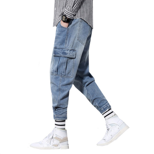 Japanese Style Fashion Men Jeans Vintage Designer Loose Fit Multi Pockets Denim Cargo Pants Streetwear Hip Hop Harem Jeans Male