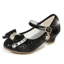 Load image into Gallery viewer, Princess Kids Leather Shoes for Girls Flower Casual Glitter Children High Heel Girls Shoes Butterfly Knot Blue Pink Silver