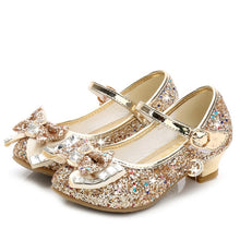Load image into Gallery viewer, Princess Kids Leather Shoes for Girls Flower Casual Glitter Children High Heel Girls Shoes Butterfly Knot Blue Pink Silver