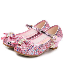 Load image into Gallery viewer, Princess Kids Leather Shoes for Girls Flower Casual Glitter Children High Heel Girls Shoes Butterfly Knot Blue Pink Silver