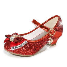 Load image into Gallery viewer, Princess Kids Leather Shoes for Girls Flower Casual Glitter Children High Heel Girls Shoes Butterfly Knot Blue Pink Silver