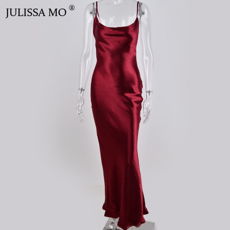 JULISSA MO Sexy Spaghetti Strap Backless Summer Dress Women Satin Lace Up Trumpet Long Dress Elegant Bodycon Party Dresses 2021