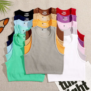 Crop Top Women Solid Basic T-shirts Vest Seamless Streetwear Elastic Rib-Knit Sleeveless Casual Tank Tops Female