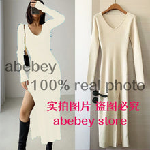 Load image into Gallery viewer, spring and winter sexy French slit sweater dress female slim tight-fitting hip-knit over-the-knee dresses