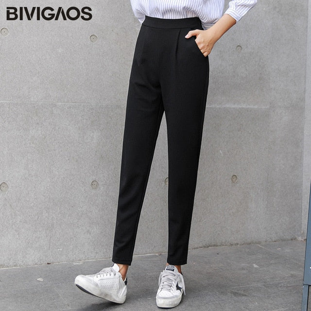 BIVIGAOS Spring Summer New Ladies Korean OL Black Harem Pants Breathable Thin Casual Pencil Pants Simple Suit Trousers For Women