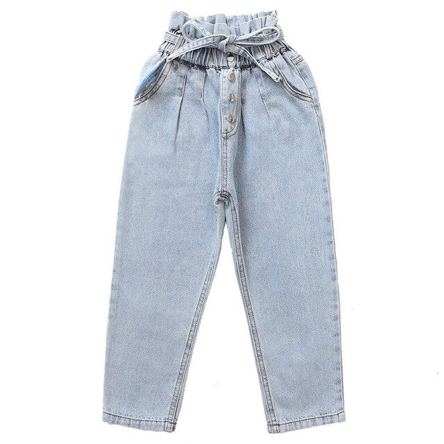 Korean Baby Girls Jeans Pants Flower High Waist Toddler Girl Jeans with Belt for Kids Girls Casual Denim Trousers For 4- 13 Year