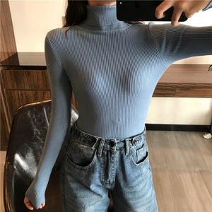2019 Autumn Winter Thick Sweater Women Knitted Ribbed Pullover Sweater Long Sleeve Turtleneck Slim Jumper Soft Warm Pull Femme