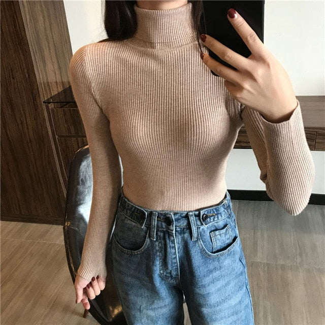 2019 Autumn Winter Thick Sweater Women Knitted Ribbed Pullover Sweater Long Sleeve Turtleneck Slim Jumper Soft Warm Pull Femme