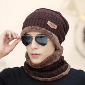 Neck warmer knitted hat scarf set fur Wool Lining Thick Warm Knit beanies balaclava Winter Hat For men women Cap Skullies bonnet