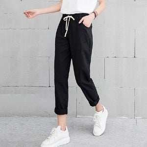 Women Pencil Pants Casual Harajuku Ankle Length Trousers Summer Autumn Plus Size Solid Elastic Waist Cotton Linen Pants Black