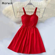 Load image into Gallery viewer, Marwin 2019 New-Coming Summer Solid Knee-Length Spaghetti Strap Strapless Dresses High Street Empire Style Party Holiday Dresses