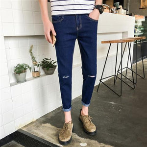 Jeans male 9-point pants beggar hole seven-point pants Male Korean version tide slimming trend hundred short shorts loose