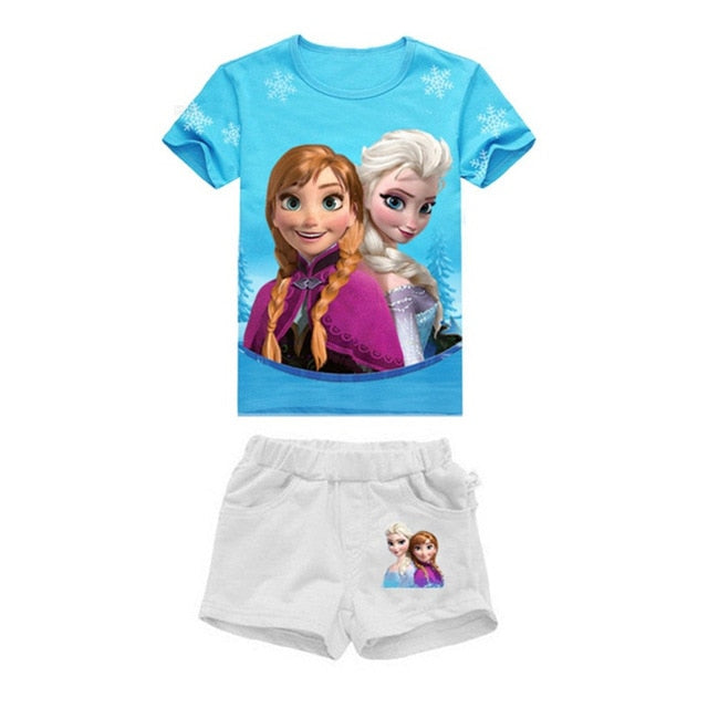 Girls Elsa Princess Anne Clothing T Shirt Summer 2Pcs Cartoon Short-sleeved T-shirt + Shorts Suit Kids Cotton Clothing 3 to 7 Yr