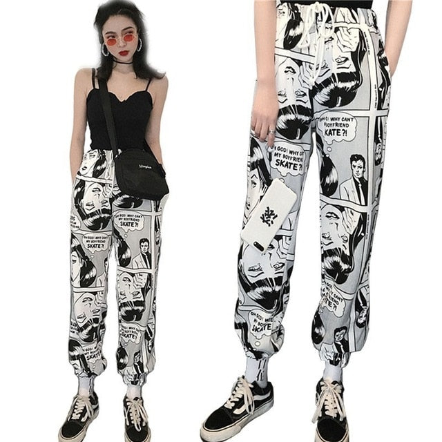 Stylish Cartoon Print Drawstring Pants Elastic Waist Hip Hop Long Pants Women Harajuku High Waist Casual Trousers