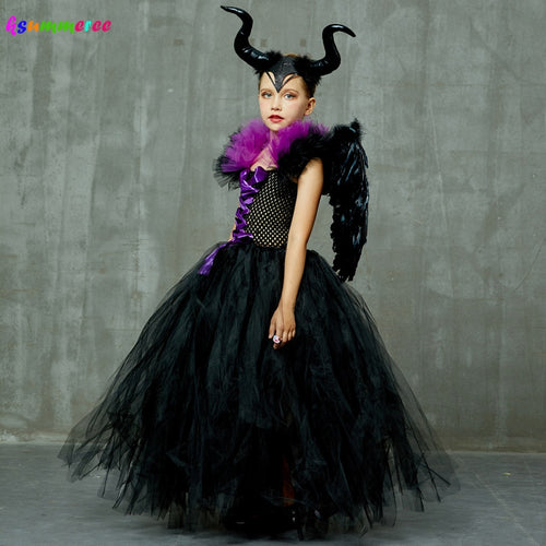 Kids Maleficent Evil Queen Girls Halloween Fancy Tutu Dress Costume Children Christening Dress Up Black Gown Villain Clothes