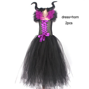 Kids Maleficent Evil Queen Girls Halloween Fancy Tutu Dress Costume Children Christening Dress Up Black Gown Villain Clothes