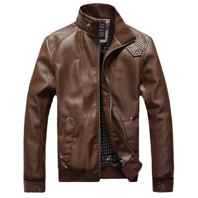 2019 New Fashion Autumn Male Leather Jacket Black Brown Mens Stand Collar Coats Leather Biker Jackets Motorcycle Leather Jacket