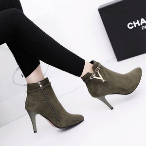 HOT Autumn Stiletto Thin High Heels Zipper Style Sexy Womens Boots Bota Feminina  Pointed Toe Faux Leather Green  Ankle Boot