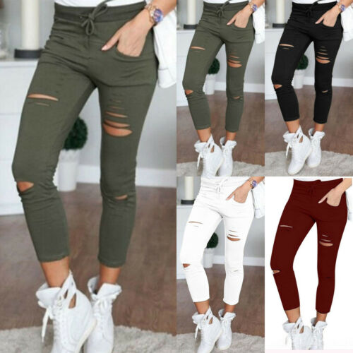 2019 Cargo Pants Women Fashion Slim High Waisted Stretchy Skinny Broken Hole Pencil Pants Solid Color Streetwear Trousers Womens