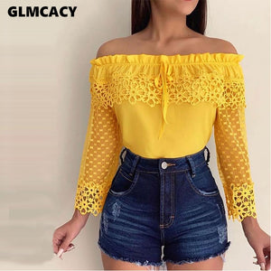 Women Off Shoulder Crochet Lace Casual Blouse Tops Elegant Office Ladies Slash Neck Long Sleeve Yellow Blouses Workwear
