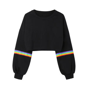 Womens Long Sleeve Striped Crop Rainbow stripes Short Sweatshirt Jumper Black Pullover Top Sudadera Corta