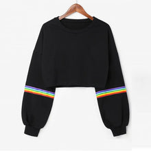 Load image into Gallery viewer, Womens Long Sleeve Striped Crop Rainbow stripes Short Sweatshirt Jumper Black Pullover Top Sudadera Corta
