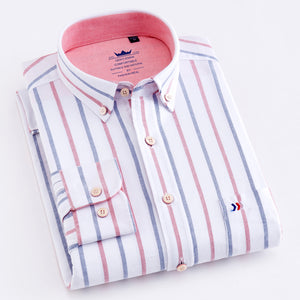 Men's 100% Cotton Oxford Striped Shirt Single Patch Pocket Long Sleeve Regular-fit Comfortable Thick Casual Button-collar Shirts