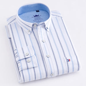 Men's 100% Cotton Oxford Striped Shirt Single Patch Pocket Long Sleeve Regular-fit Comfortable Thick Casual Button-collar Shirts