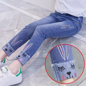 New Girls Jeans Children Denim Jeans Bunny Kids Embroidered Pants Teenager Trousers Girl Clothing Spring Autumn