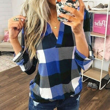 Load image into Gallery viewer, New Women V-Neck Check Lattice Plaid Shirt Tops Long Sleeve Lady Casual Loose Blouse Plus Size S-3XL