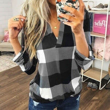 Load image into Gallery viewer, New Women V-Neck Check Lattice Plaid Shirt Tops Long Sleeve Lady Casual Loose Blouse Plus Size S-3XL
