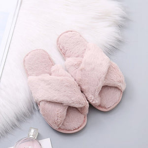 MCCKLE Winter Home Shoes Women House Slippers Warm Faux Fur Ladies Cross Soft Plush Furry Female Open Toe Slides Fashion Shoes