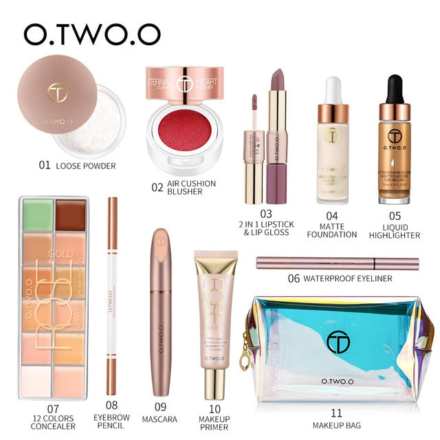 O.TWO.O 11pcs Makeup Set For Daily Use Include Highlighter Foundation Blusher Eyebrow Mascara Concealer Lipstick For Women Gift