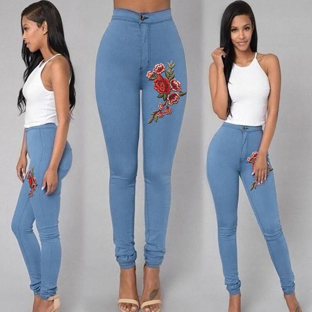 Jaycosin New Fashion Sexy Ladies Casual Skinny Floral Applique Jeans Woman Elastic High Waist Stretch Slim Pencil Trousers 10#10
