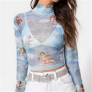 New Fashion Women See-through Sheer Mesh Fishnet Shirt Tops Cute Angel Printed Female Tops Wear Autumn Women's Ladies Mesh Tops