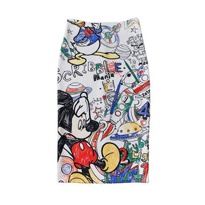 New Women's Summer Skirt Tight Casual Cartoon Mickey Mouse Printed Split Pencil Skirt Sexy High Waist Slim Knee Skirt
