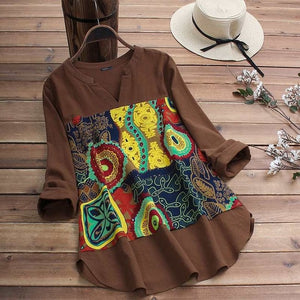 2019 ZANZEA Casual Cotton Blouse Women V Neck Long Sleeve Tunic Tops Autumn Vintage Printed Patchwork Loose Shirts Female Blusas