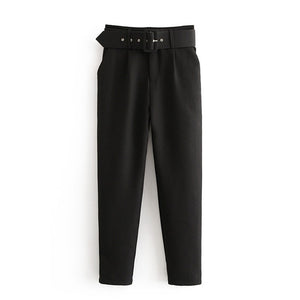Office Lady Black Suit Pants with Belt Women High Waist Solid Long Trousers Fashion Pockets Pants Trousers Pantalones