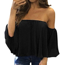 Load image into Gallery viewer, Stylish Women Off Shoulder Casual Blouse Shirt Tops Strapless Pure Color Bell Puff Sleeve Tops