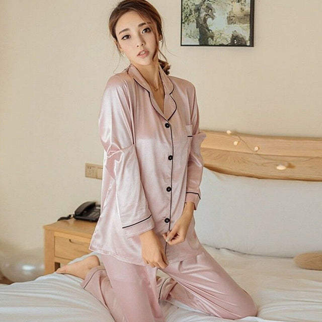Women Girl Silk Satin Pajamas Set Pyjama Sleepwear Nightwear Loungewear Homewear Solid Color Comfortable Soft High Quality Hot