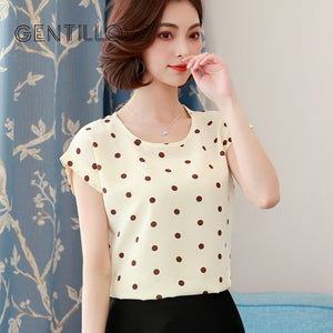 Gentillove 2019 Summer Dot Floral Print Chiffon Blouse Shirt Women Short Sleeve O-Neck Boho Tops Casual Female Plus Size Blusas