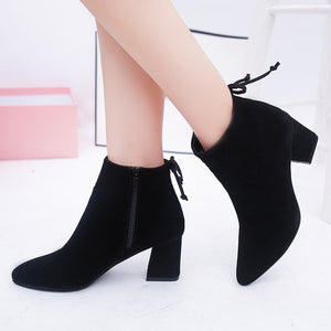MHYONS Women Ankle Boots 2019 Black Flock Winter Fashion Med High Heel Boots for Ladies Pointed Toe Plus Size Women Shoes