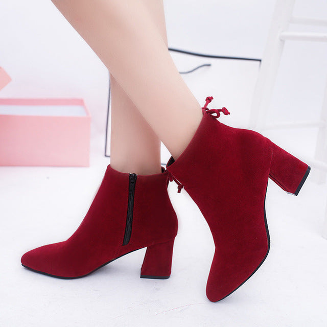 MHYONS Women Ankle Boots 2019 Black Flock Winter Fashion Med High Heel Boots for Ladies Pointed Toe Plus Size Women Shoes