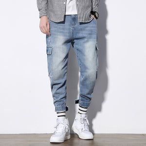 Japanese Style Fashion Men Jeans Vintage Designer Loose Fit Multi Pockets Denim Cargo Pants Streetwear Hip Hop Harem Jeans Male