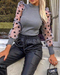 Women Spring Mesh Puff Long Sleeve Ribbed Knitted Shirt Loose Casual Polka Dots Blouse Tops Elegant Turtleneck Party Clubwear