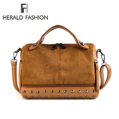 Herald Fashion Large Capacity Leather Female Shoulder Bag Women Top-handle Bags With Rivets Retro Motorcycle Tote Bags 2019 Hot