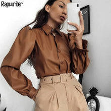 Load image into Gallery viewer, Rapwriter Casual Women Turn-down Collar Long Puff Sleeve Faux Leather Blouse 2019 Streetwear Autumn Ladies Retro Tops Buttons