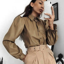 Load image into Gallery viewer, Rapwriter Casual Women Turn-down Collar Long Puff Sleeve Faux Leather Blouse 2019 Streetwear Autumn Ladies Retro Tops Buttons